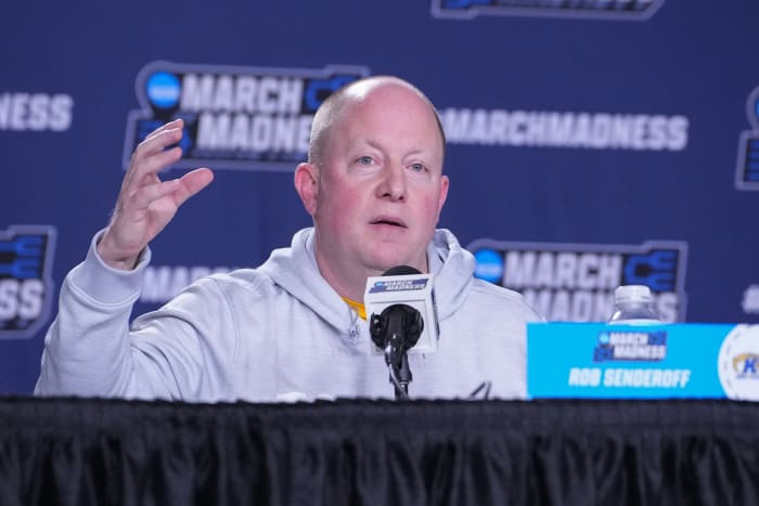 Kent State Golden Flashes head coach Rob Senderoff answers questions during the press conference at MVP Arena.